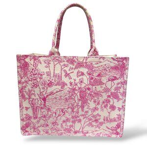 H&M Pink Toile Tote Fabric Floral Large Bag Carryall
